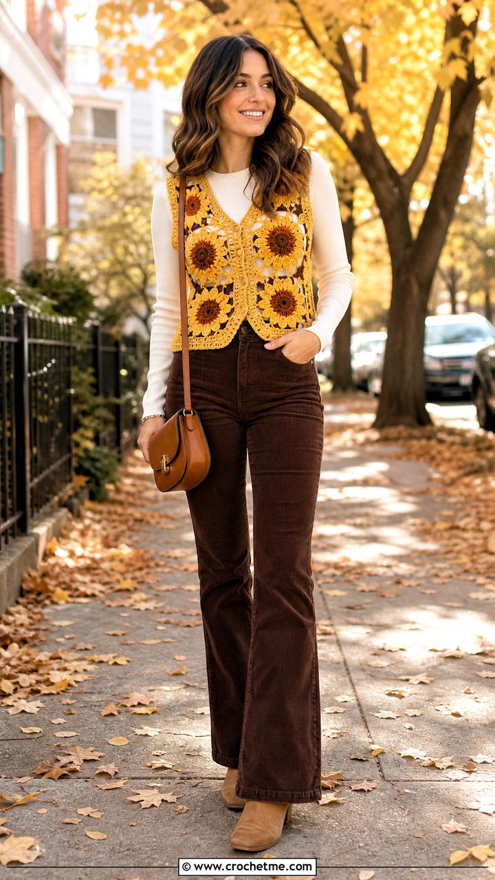 Sunflower Granny Square Crochet Vest With Corduroy Pants - 35 crochet vest woman outfit ideas