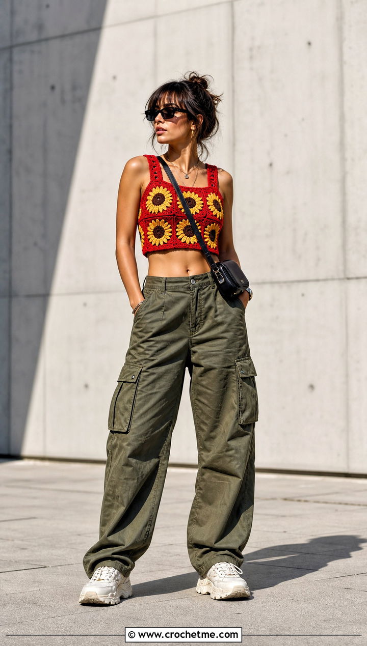 Sunflower Granny Square Crop Top With Cargo Pants - 35 granny square crochet top outfit ideas