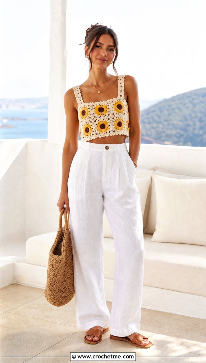 Sunflower Granny Square Crop Top With Linen Trousers - 25 Crochet Granny Crop Top outfit ideas