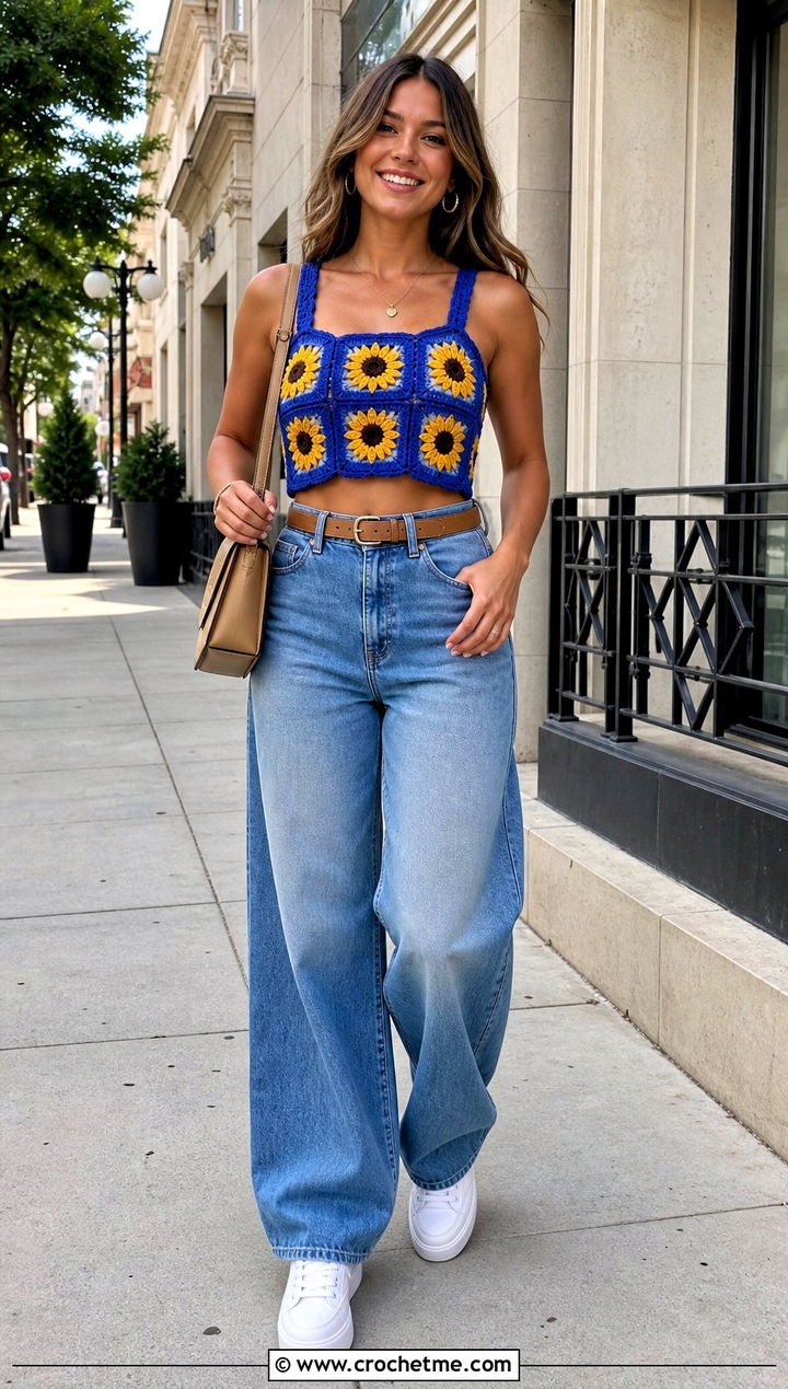 Sunflower Granny Square Crop Top With Wide Leg Jeans - 25 sunflower crochet top outfit ideas