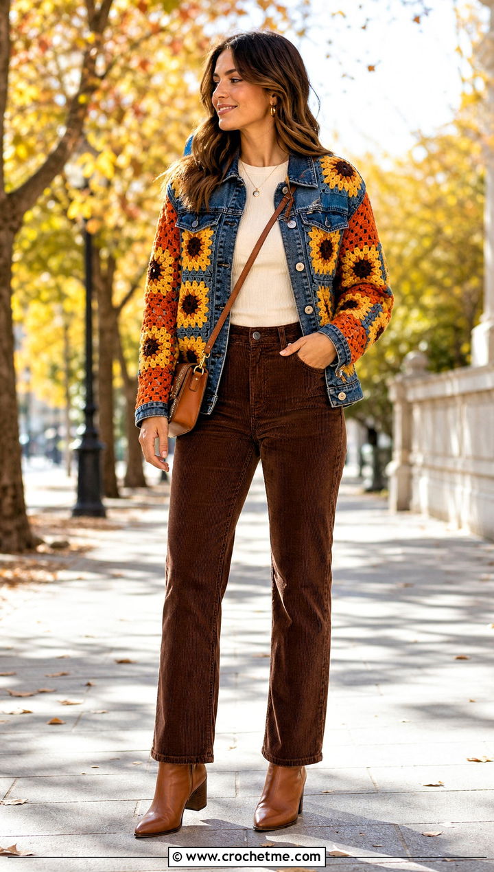 Sunflower Granny Square Denim Jacket With Corduroy Pants - 30 crochet denim jacket outfit ideas