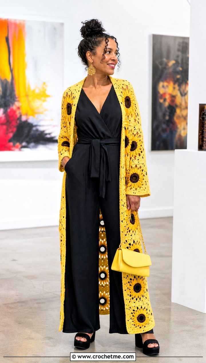 Sunflower Granny Square Duster With Black Jumpsuit - 25 Crochet Granny Square Duster outfit ideas