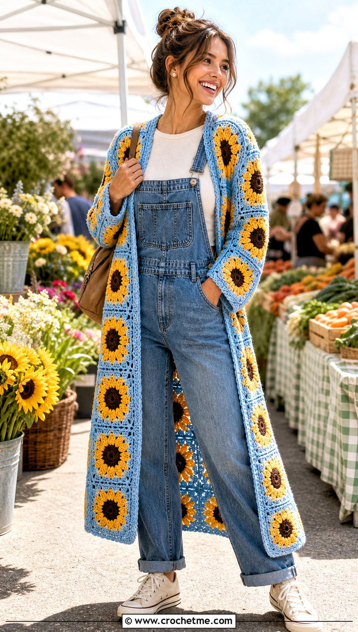 Sunflower Granny Square Duster With Overalls - 35 granny square duster outfit ideas