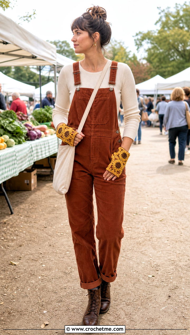 Sunflower Granny Square Fingerless Gloves With Corduroy Overalls - 35 granny square fingerless gloves outfit ideas