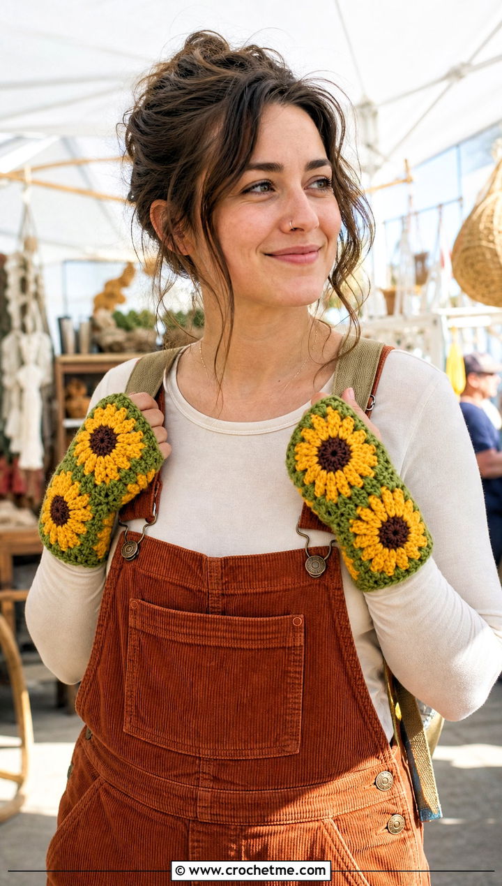 Sunflower Granny Square Fingerless Gloves With Corduroy Overalls - 30 crochet granny square fingerless gloves outfit ideas
