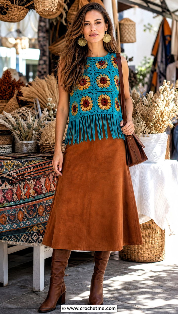 Sunflower Granny Square Fringe Top With Suede Skirt - 30 Sunflower Granny Square Top outfit ideas