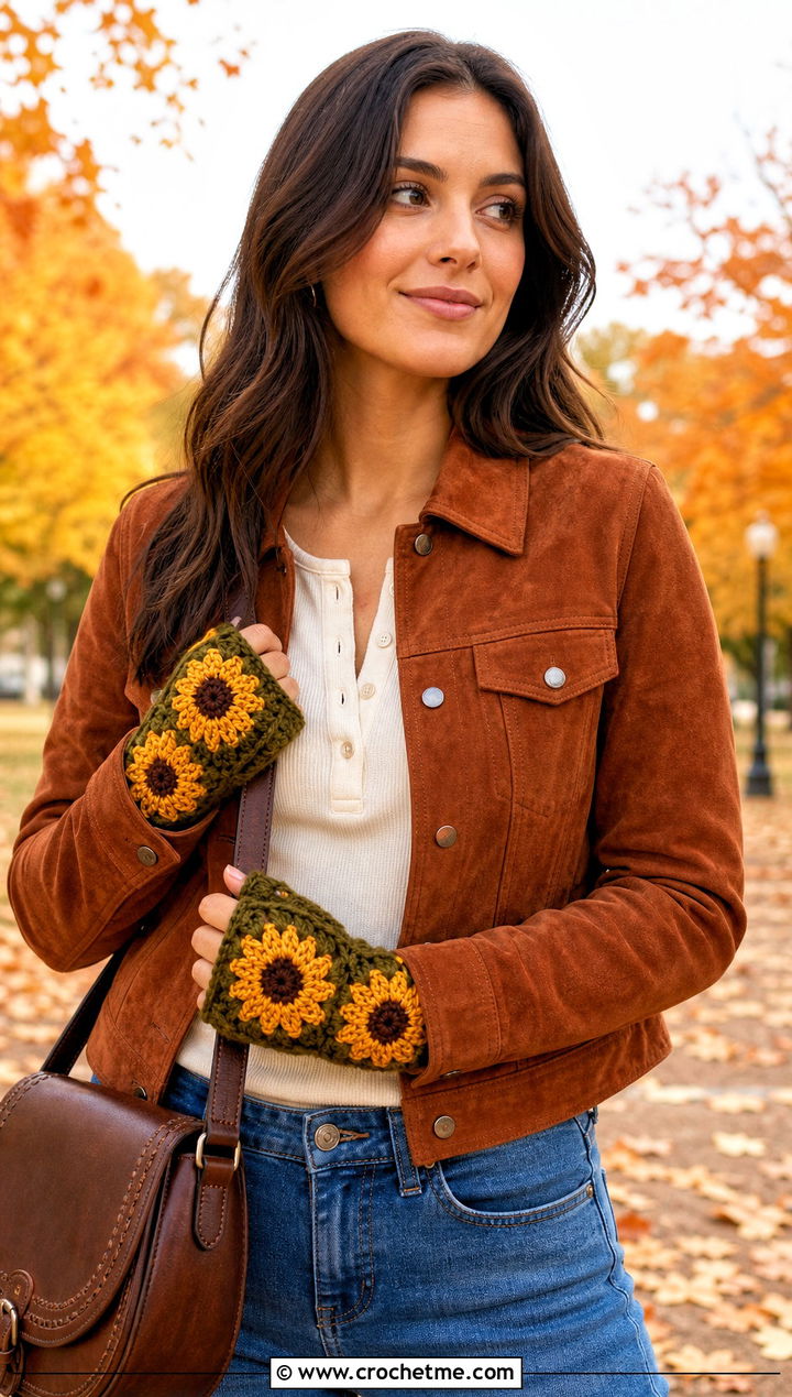 Sunflower Granny Square Gloves With Corduroy Outfit - 20 Fingerless Granny Square Gloves outfit ideas