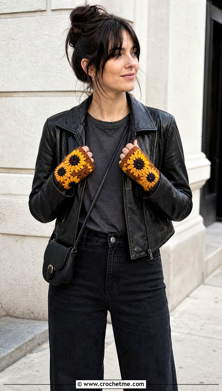Sunflower Granny Square Gloves With Leather Jacket - 25 finger less crochet gloves outfit ideas