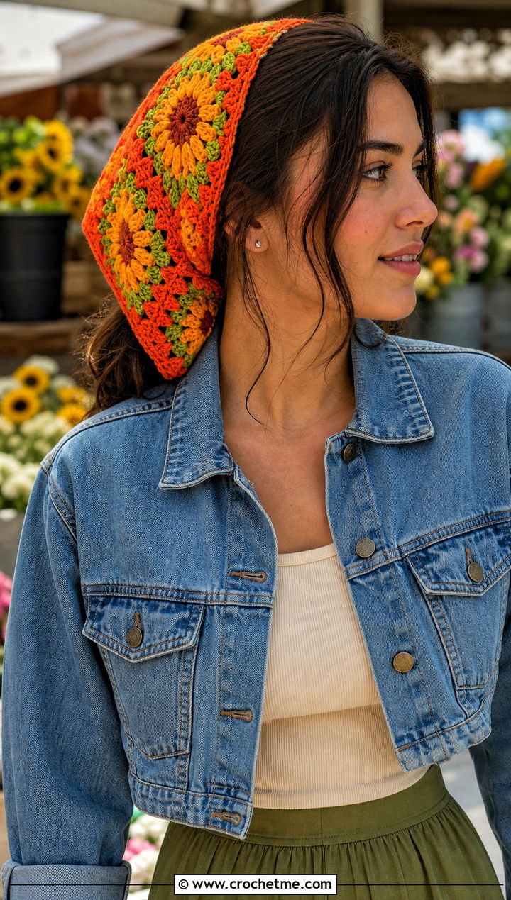 Sunflower Granny Square Hair Scarf With Denim Jacket And Midi Skirt - 25 granny square hair scarf outfit ideas