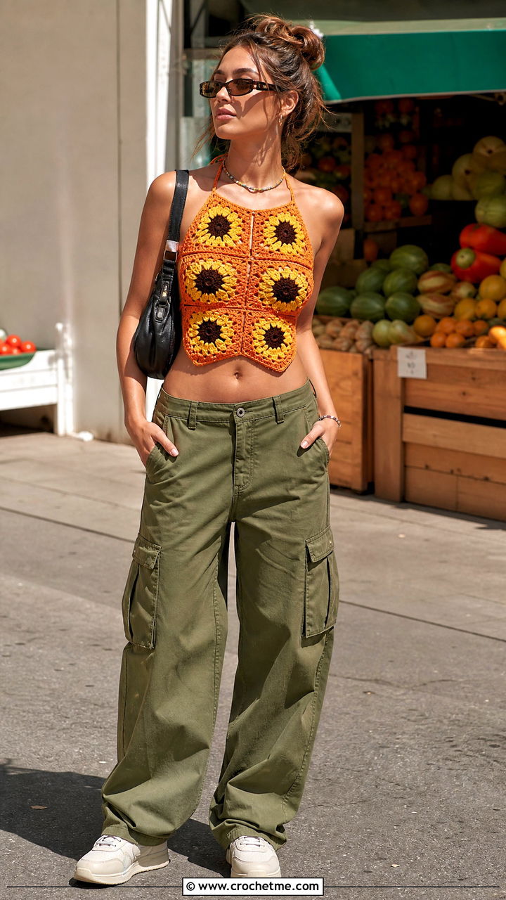 Sunflower Granny Square Halter Top With Cargo Pants - 35 granny square summer top outfit ideas