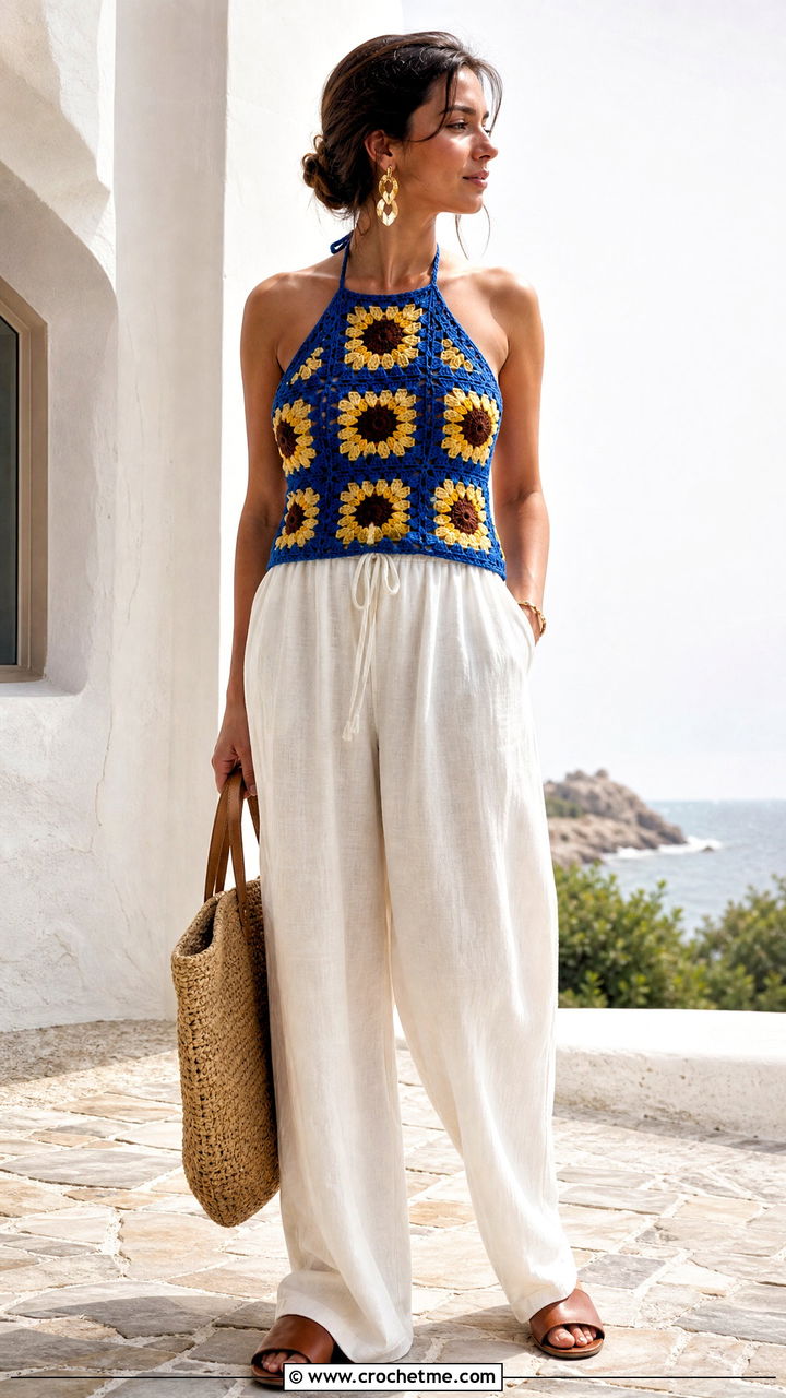 Sunflower Granny Square Halter Top With Linen Pants - 35 granny square tops outfit ideas