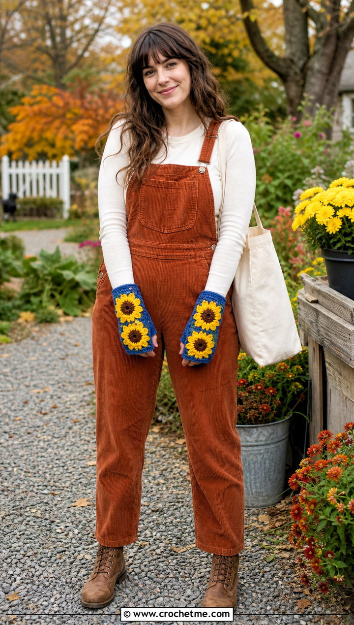 Sunflower Granny Square Hand Warmers With Corduroy Overalls - 35 crochet hand warmer outfit ideas