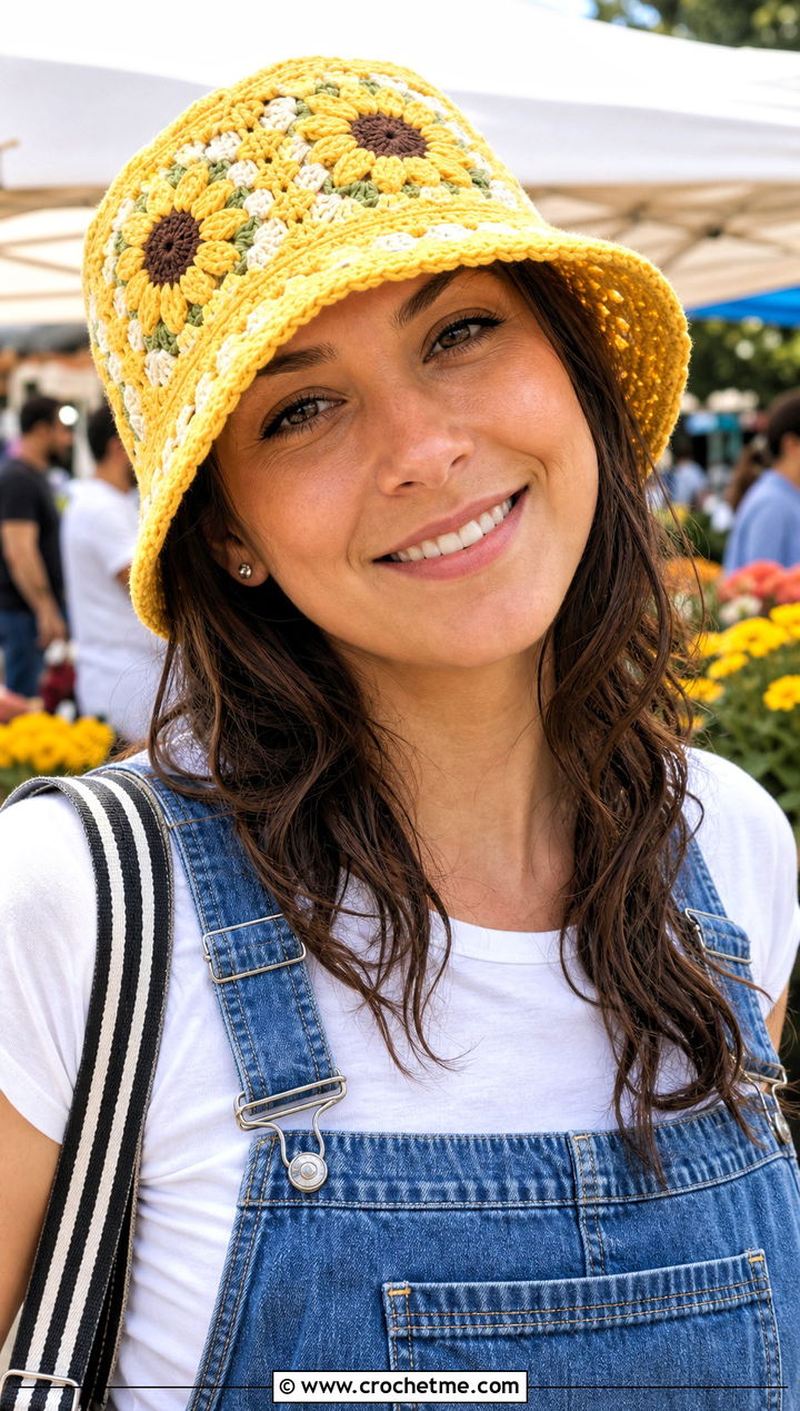 Sunflower Granny Square Hat With Overalls - 30 crochet granny hat outfit ideas