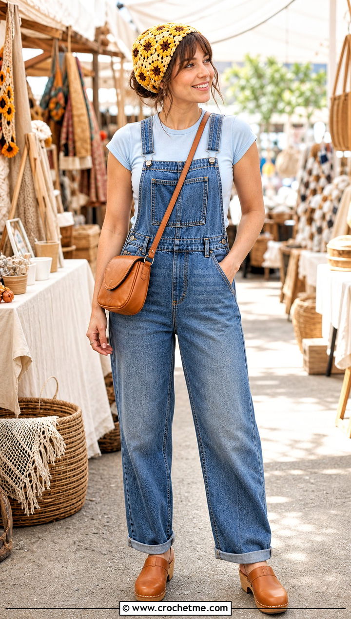 Sunflower Granny Square Head Scarf With Overalls And Clogs - 35 granny square head scarf outfit ideas