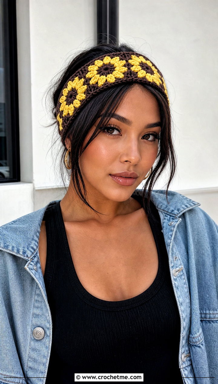 Sunflower Granny Square Headband With Denim Jacket - 15 Crochet Granny Square Headband outfit ideas