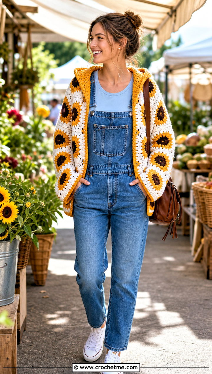Sunflower Granny Square Hooded Crochet Cardigan With Overalls - 35 hooded crochet cardigan outfit ideas