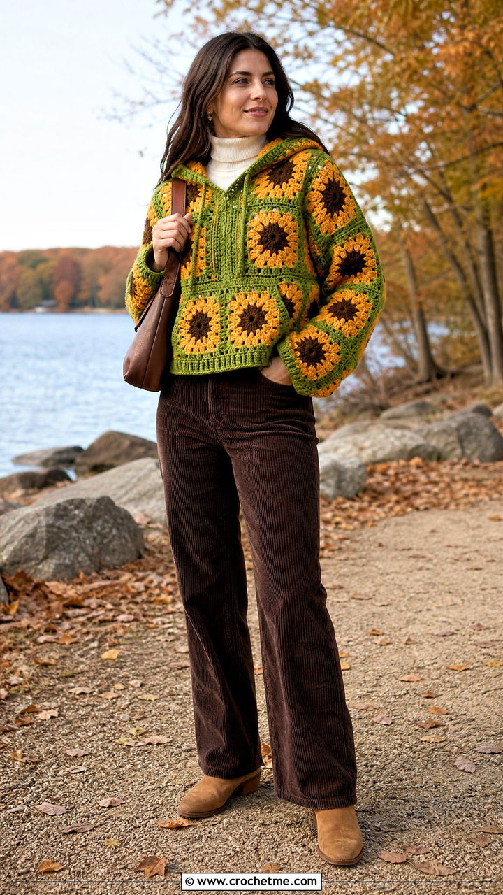 Sunflower Granny Square Hoodie With Corduroy Pants - 35 granny square hoodie outfit ideas