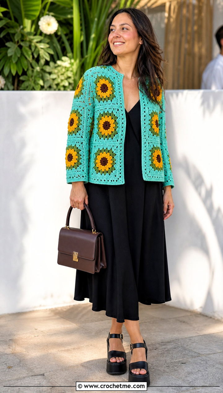 Sunflower Granny Square Jacket With Black Midi Dress - 30 crochet granny square jacket outfit ideas
