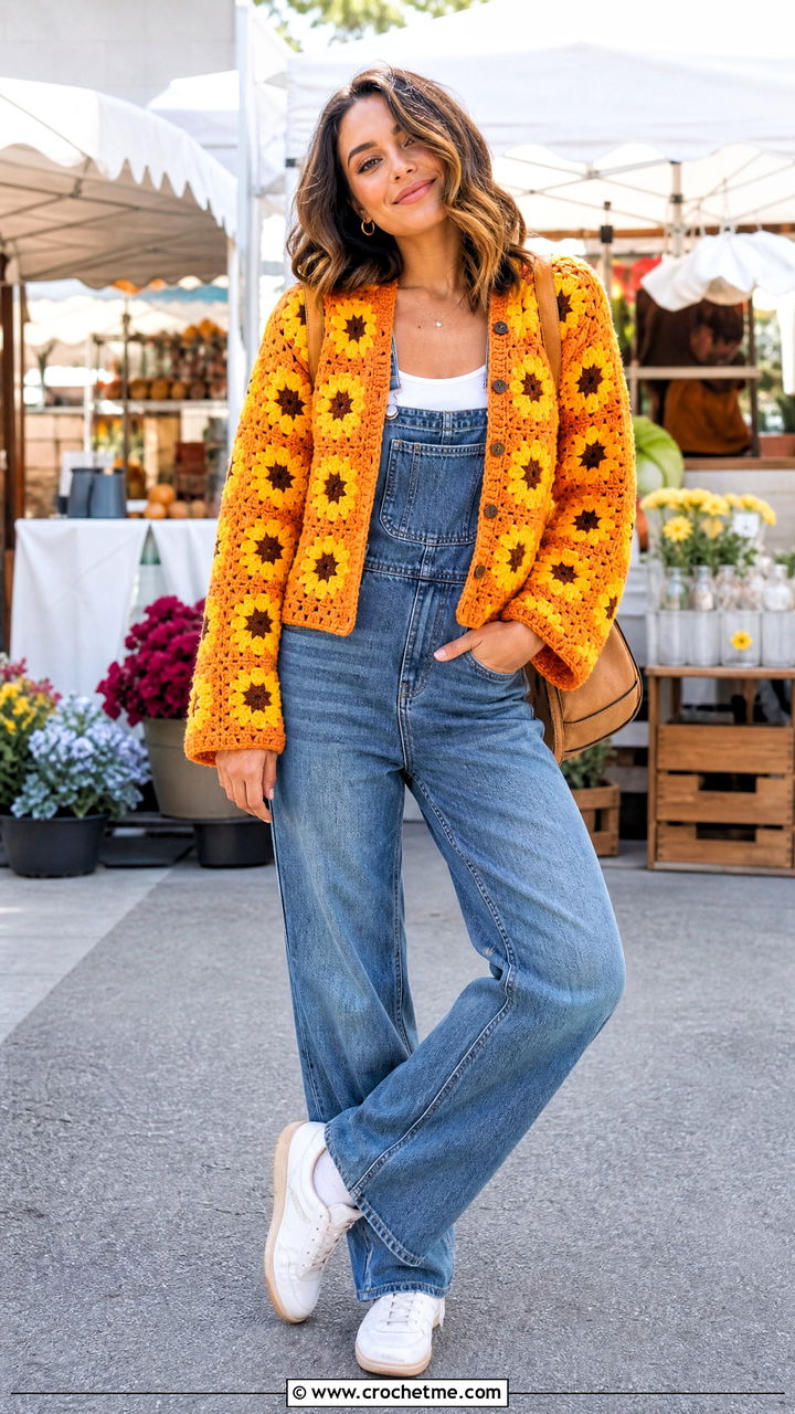 Sunflower Granny Square Jacket With Denim Overalls - 35 granny square jacket outfit ideas