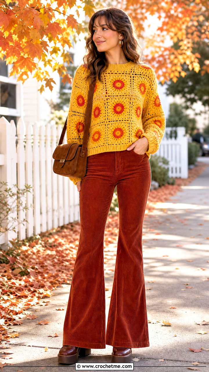 Sunflower Granny Square Jumper With Corduroy Flare Pants - 35 crochet granny square jumper outfit ideas