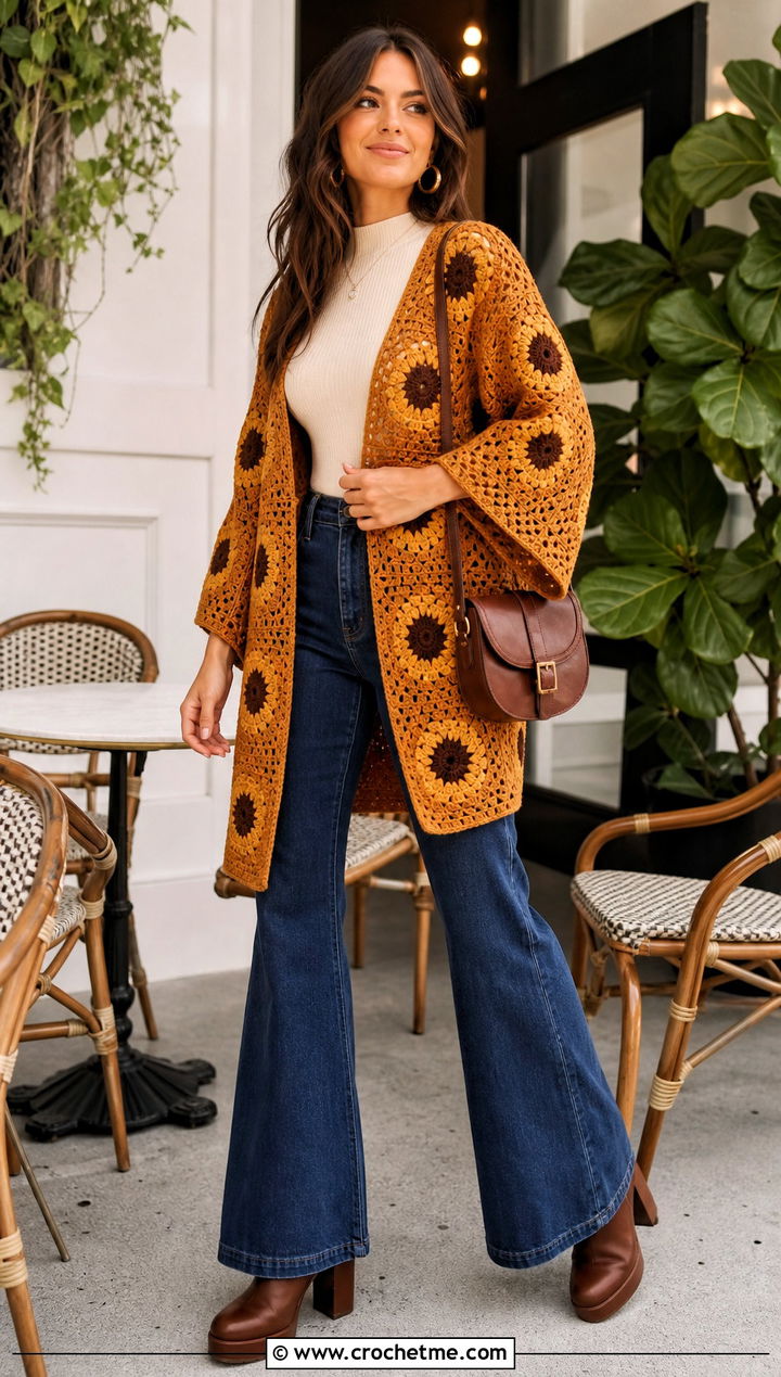Sunflower Granny Square Kimono With Flared Jeans - 30 granny square kimono outfit ideas