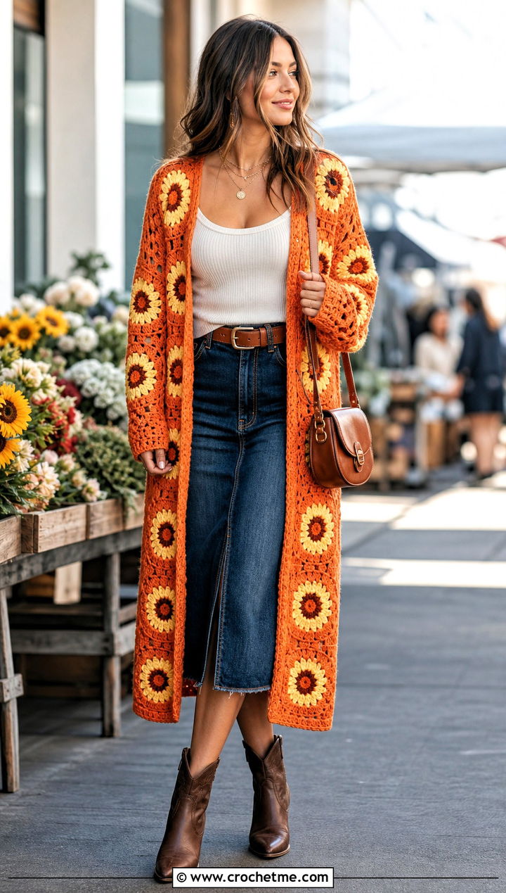Sunflower Granny Square Long Cardigan With Denim Skirt - 25 crochet granny square long cardigan outfit ideas