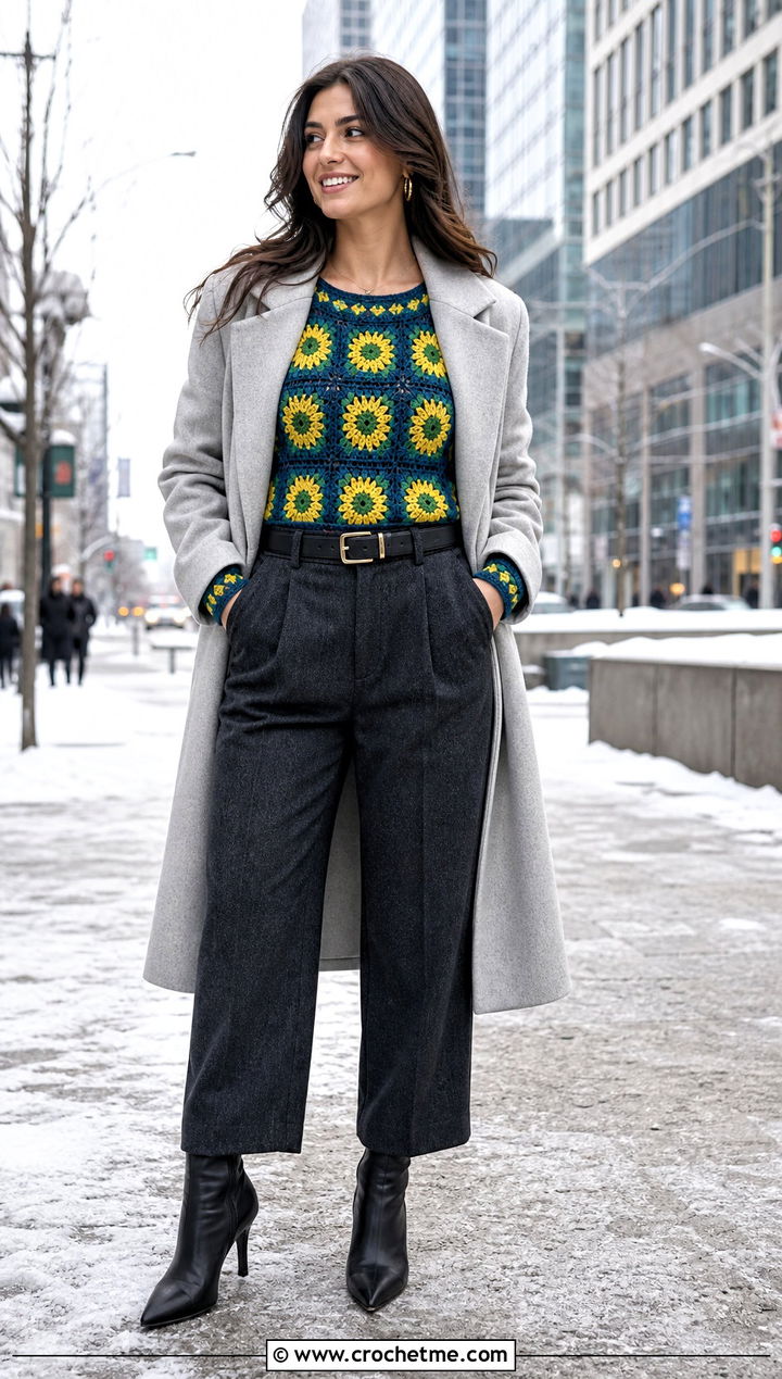 Sunflower Granny Square Long Sleeve Top With Wool Trousers - 30 Sunflower Granny Square Top outfit ideas
