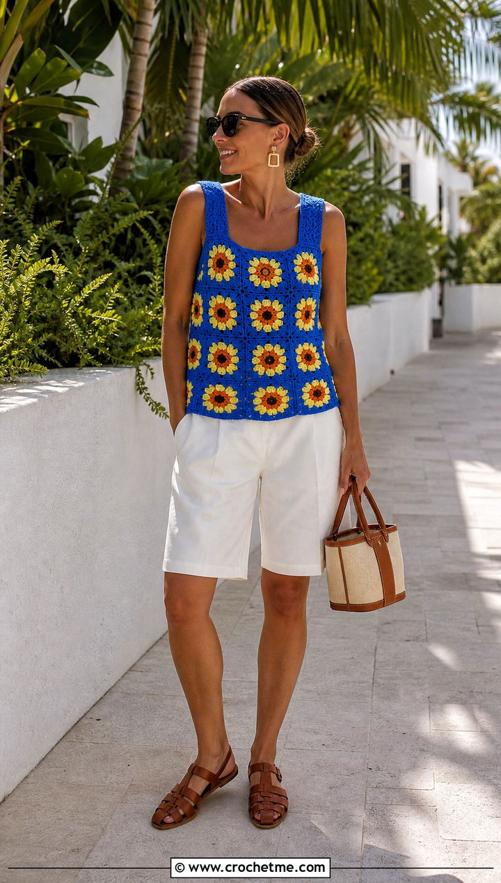 Sunflower Granny Square Longline Tank With Tailored Shorts - 30 Sunflower Granny Square Top outfit ideas