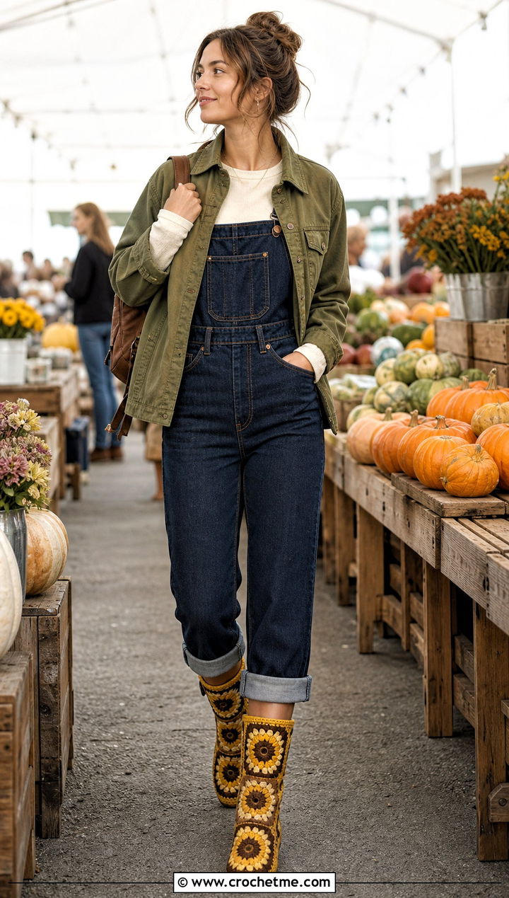 Sunflower Granny Square Mid Calf Boots With Overalls - 25 granny square boots outfit ideas