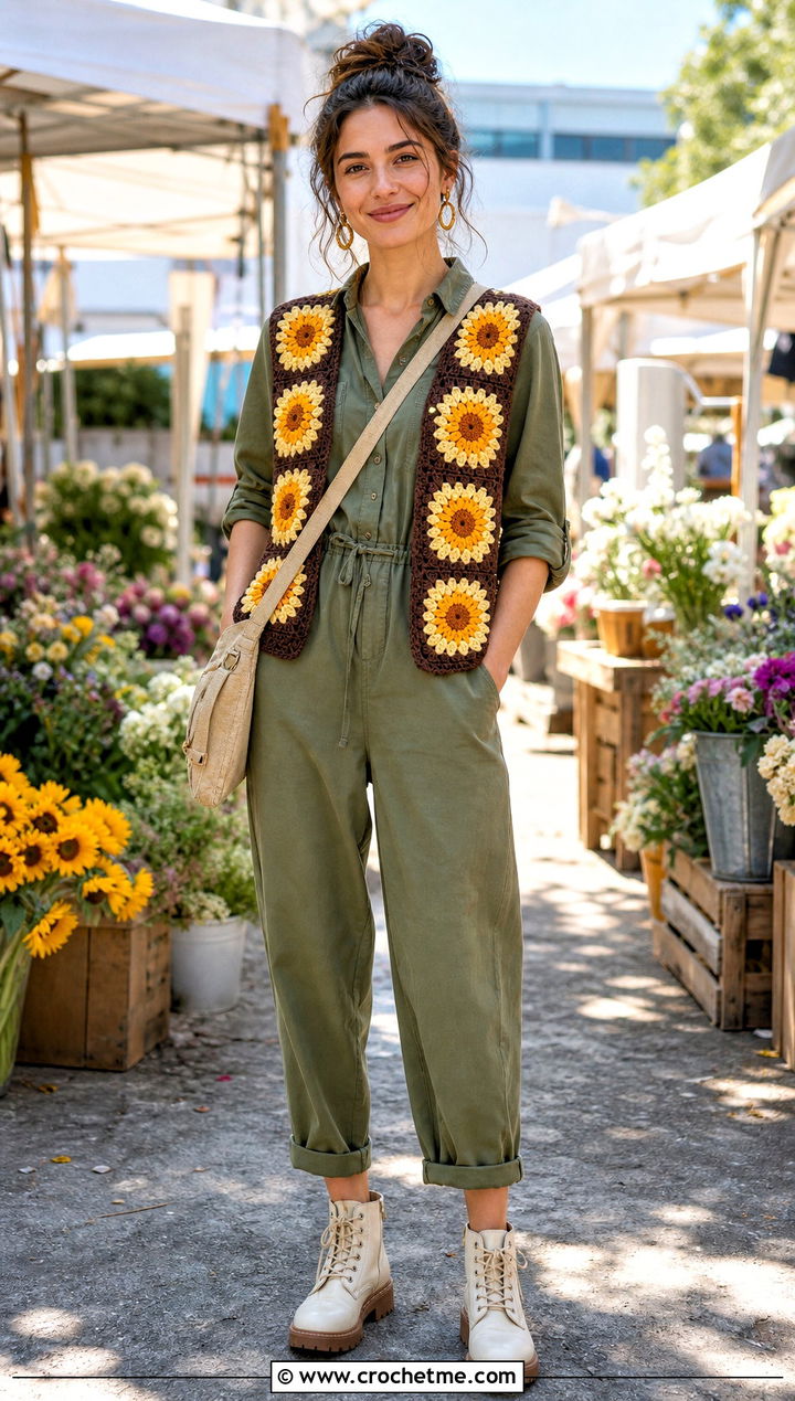Sunflower Granny Square Open Vest With Utility Jumpsuit - 25 granny square open vest outfit ideas