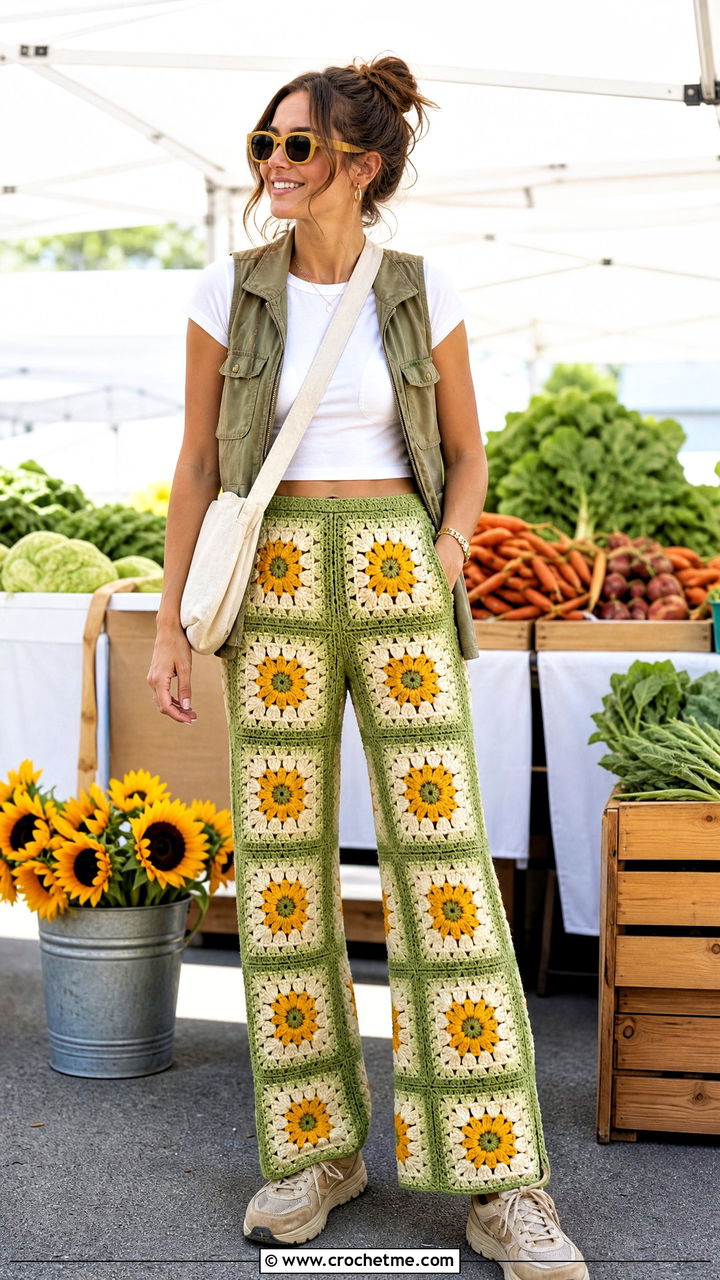Sunflower Granny Square Pants With Utility Vest - 35 granny square pants outfit ideas