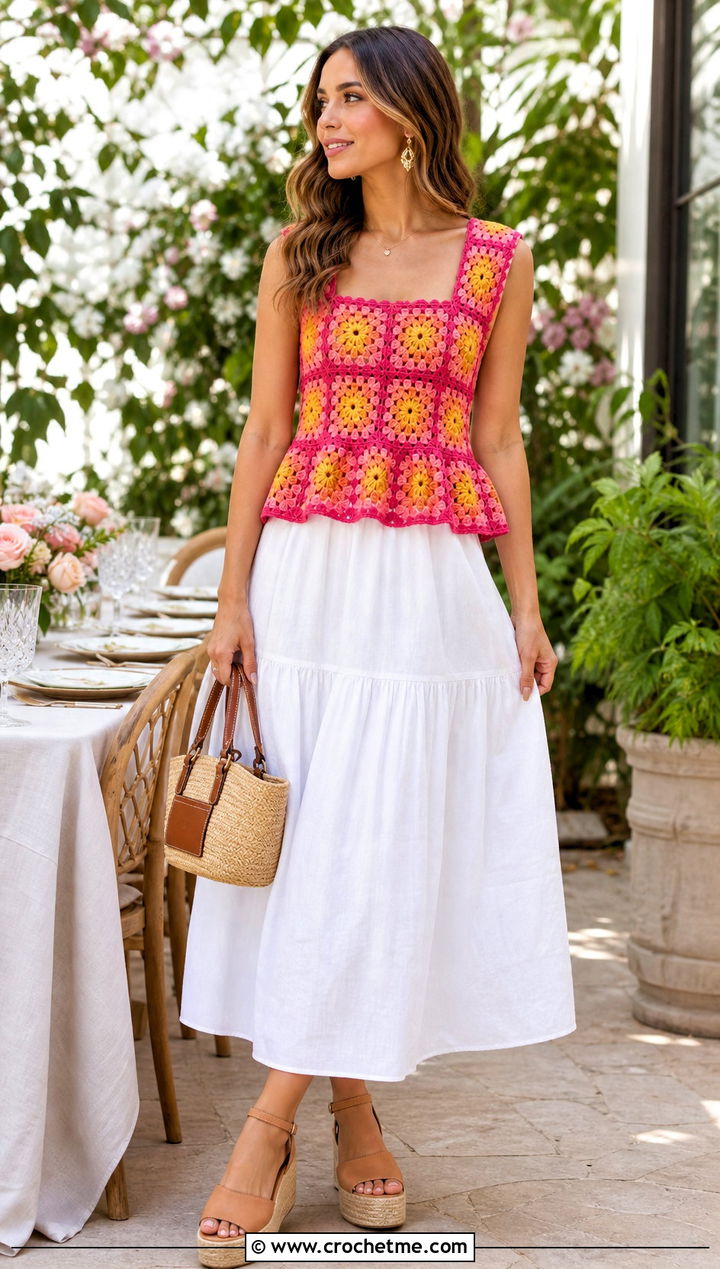 Sunflower Granny Square Peplum Top With White Midi Skirt - 30 Sunflower Granny Square Top outfit ideas