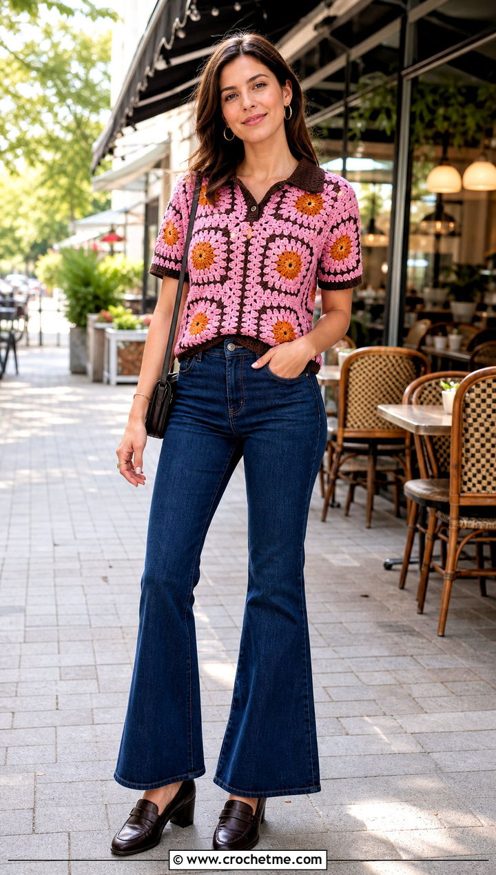 Sunflower Granny Square Polo Top With Dark Denim - 30 Sunflower Granny Square Top outfit ideas
