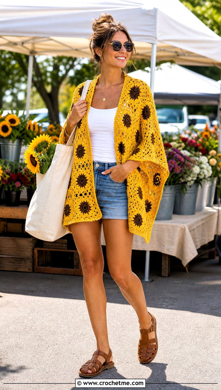 Sunflower Granny Square Poncho With Denim Shorts - 25 Crochet Flower Poncho outfit ideas