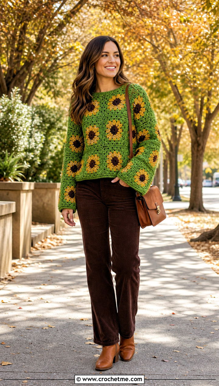 Sunflower Granny Square Pullover Sweater With Corduroy Pants - 35 Granny Square Pullover Sweater outfit ideas