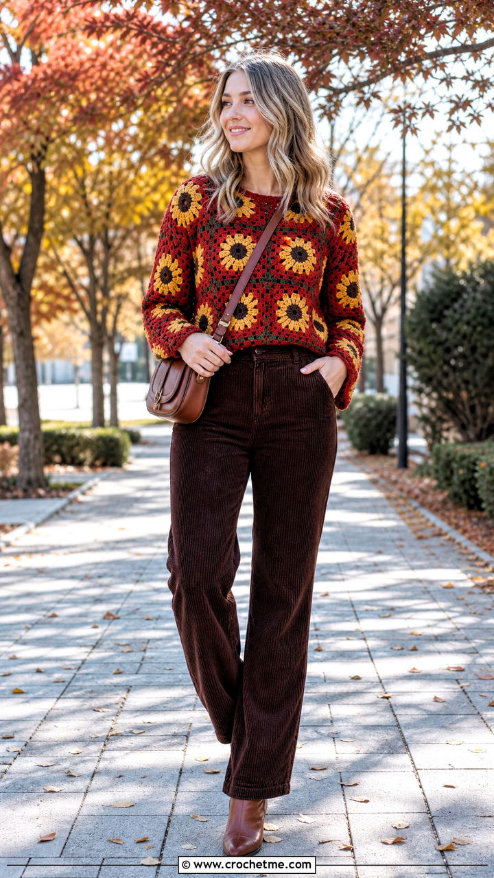 Sunflower Granny Square Pullover With Corduroy Pants - 35 granny square pullover outfit ideas