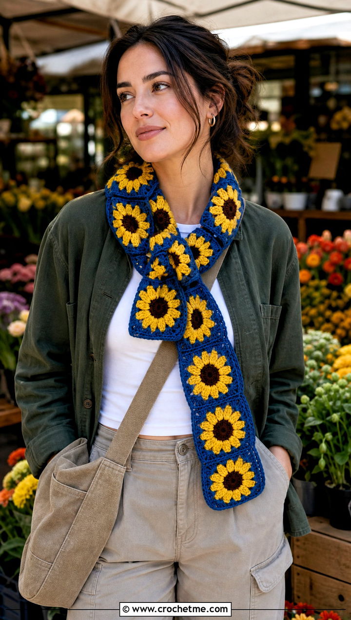 Sunflower Granny Square Scarf With Chore Jacket And Cargo Pants - 30 crochet granny square scarf outfit ideas
