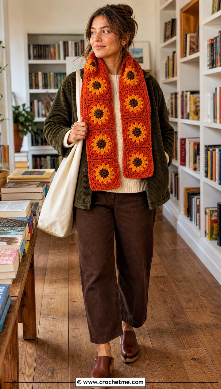 Sunflower Granny Square Scarf With Corduroy Jacket and Clogs - 25 granny square scarves outfit ideas