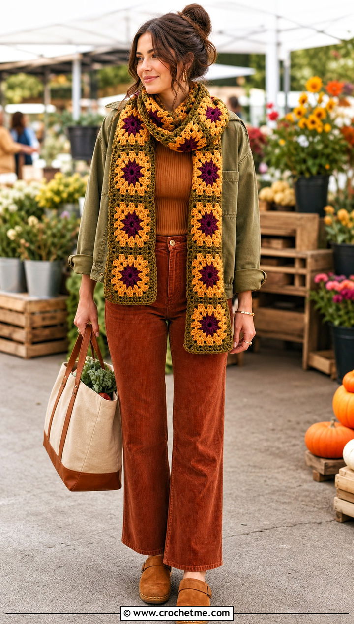 Sunflower Granny Square Scarf With Corduroy Outfit - 35 granny crochet scarf outfit ideas