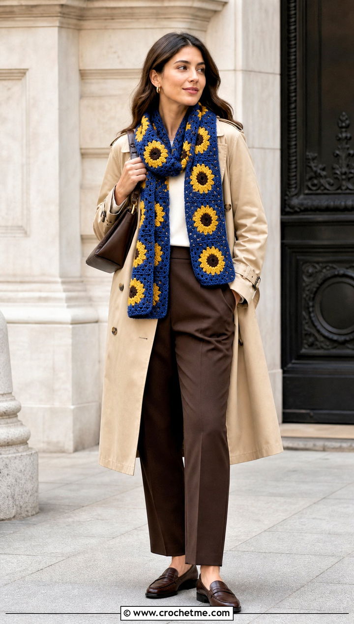 Sunflower Granny Square Scarf With Trench Coat And Trousers - 35 granny square crochet scarf outfit ideas