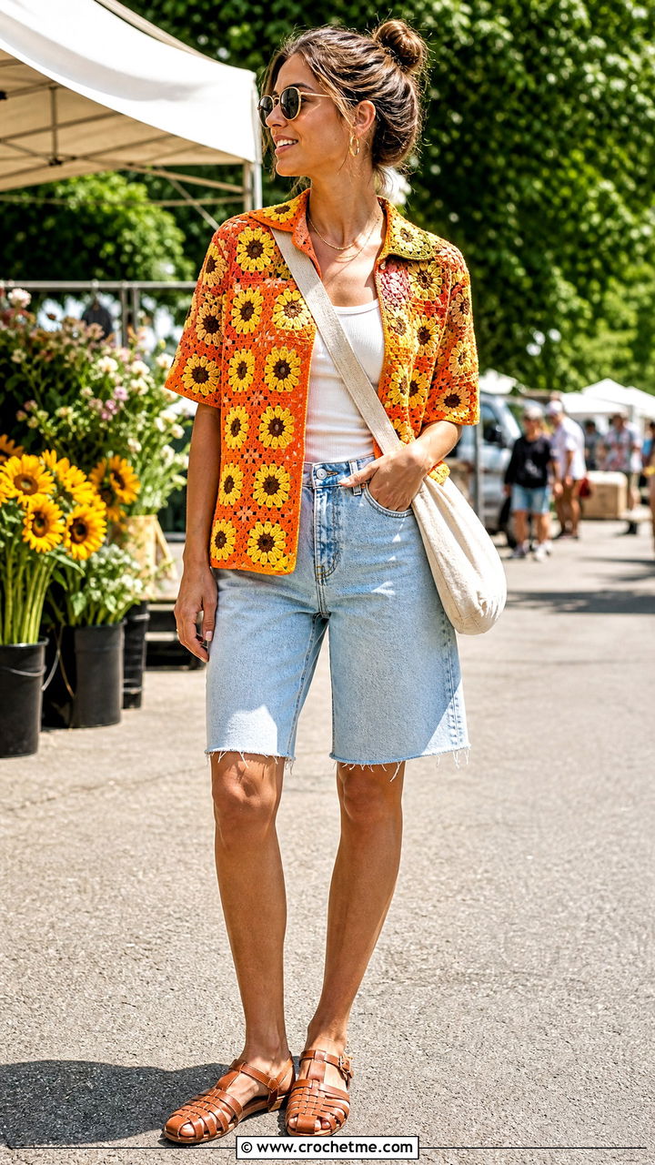Sunflower Granny Square Shirt With Denim Shorts - 35 Crochet Flower Shirt outfit ideas
