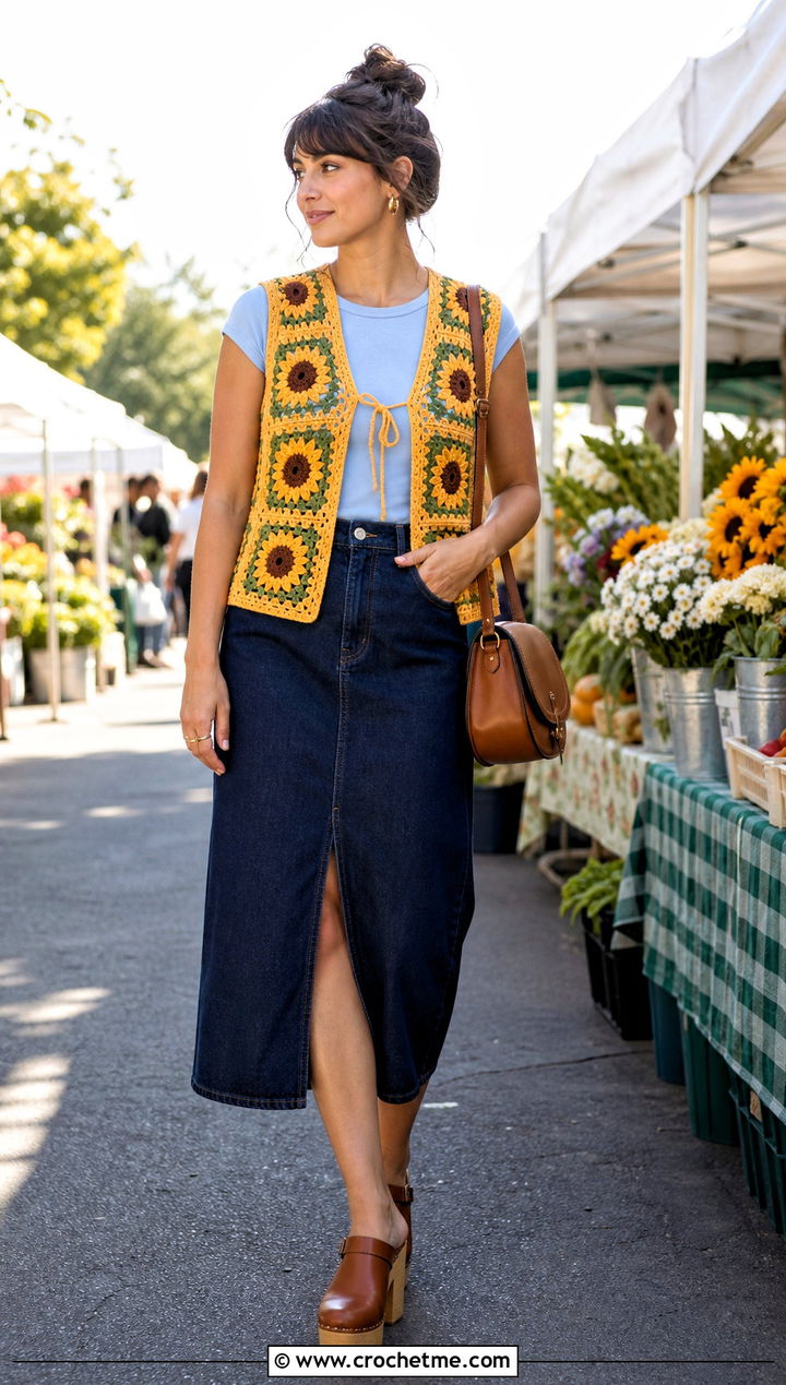Sunflower Granny Square Sleeveless Cardigan With Denim Midi Skirt - 30 granny square sleeveless cardigan outfit ideas