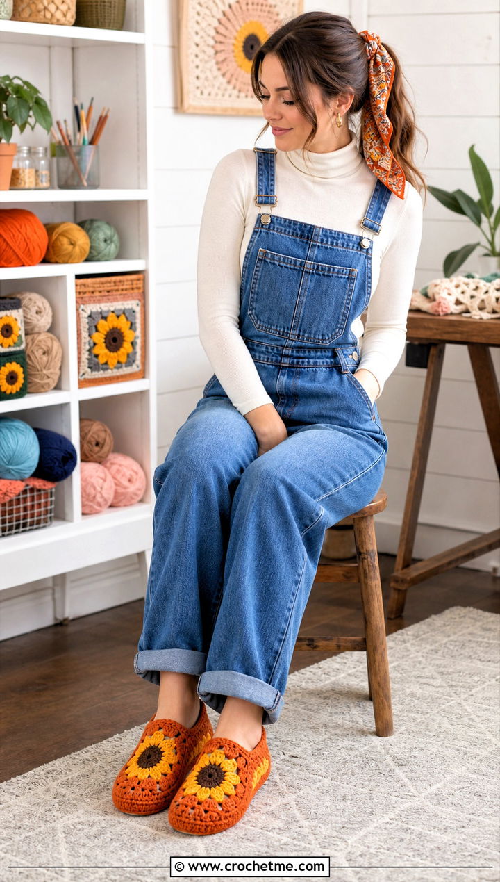 Sunflower Granny Square Slippers With Denim Overalls - 15 Crochet Granny Square Slipper outfit ideas