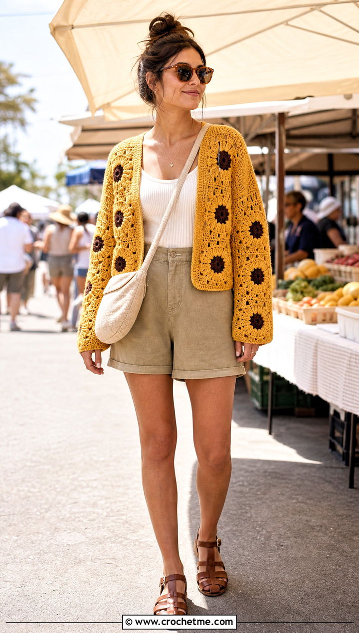 Sunflower Granny Square Summer Cardigan With Khaki Shorts - 30 granny square summer cardigan outfit ideas