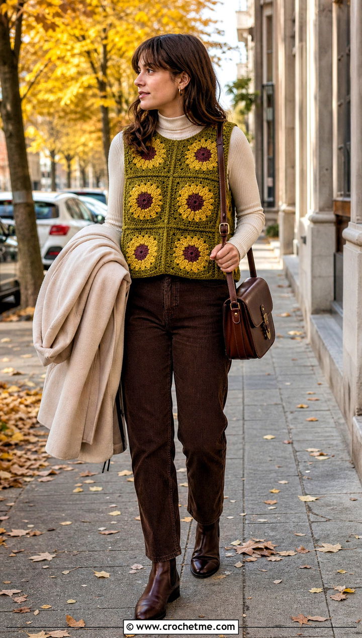 Sunflower Granny Square Sweater Vest With Corduroy Pants - 30 Sunflower Granny Square Top outfit ideas