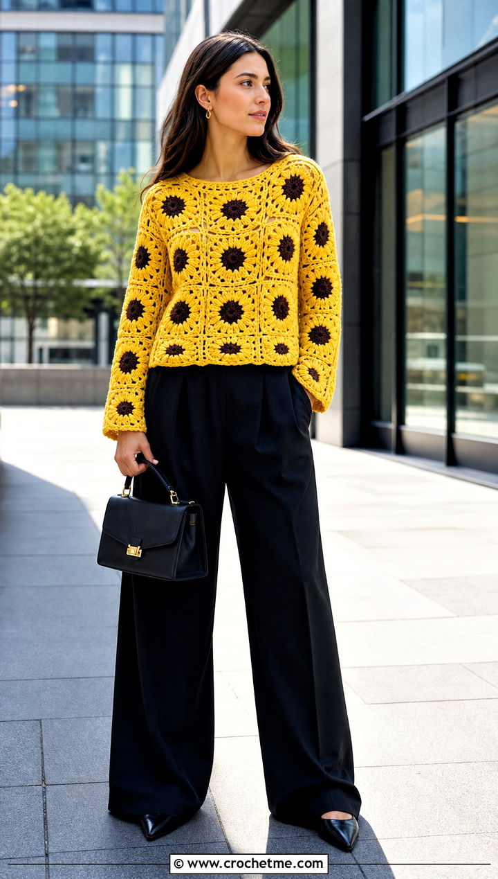Sunflower Granny Square Sweater With Black Wide Leg Pants - 30 flower granny square sweater outfit ideas