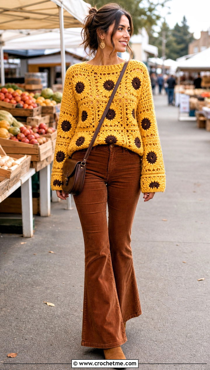 Sunflower Granny Square Sweater With Brown Corduroy Pants - 25 Square Crochet Sweater outfit ideas