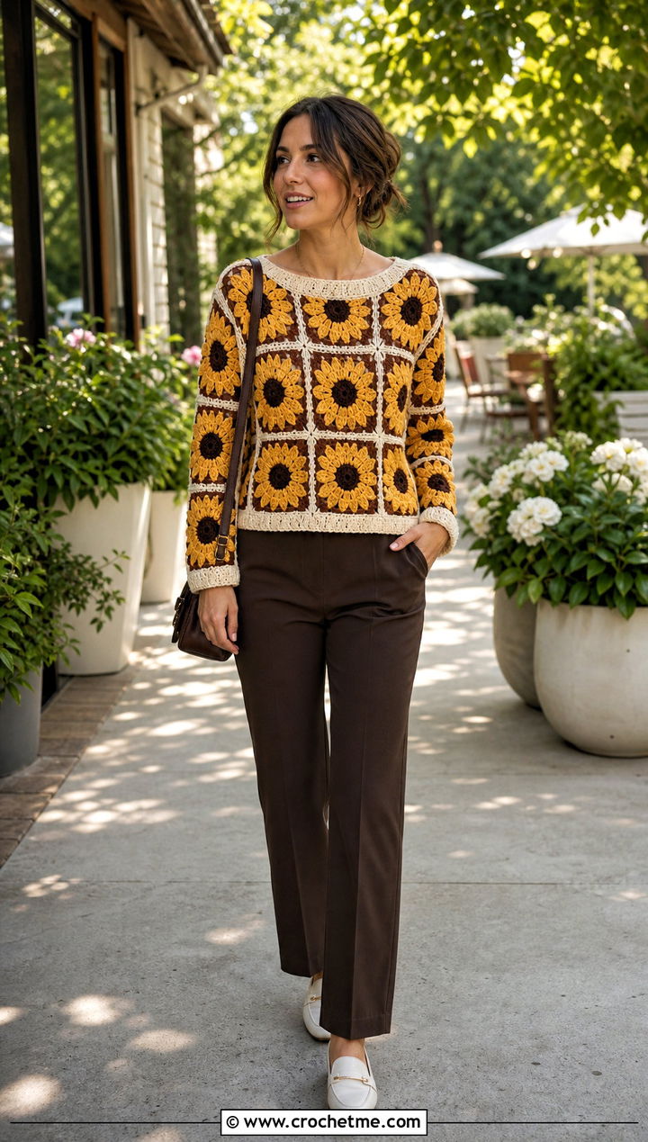 Sunflower Granny Square Sweater With Brown Trousers - 30 crochet sweater with granny squares outfit ideas