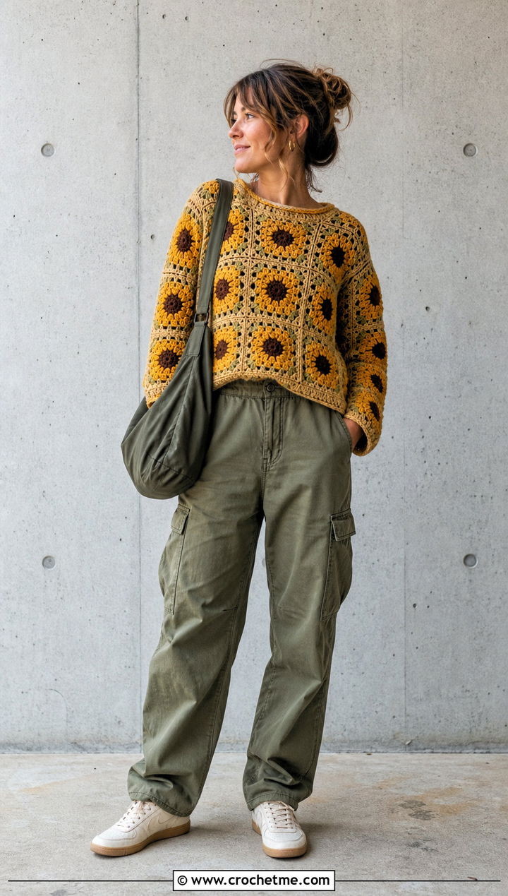 Sunflower Granny Square Sweater With Cargo Pants - 30 easy granny square sweater outfit ideas