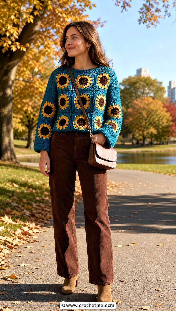Sunflower Granny Square Sweater With Corduroy Pants - 15 floral crochet sweater style outfit ideas